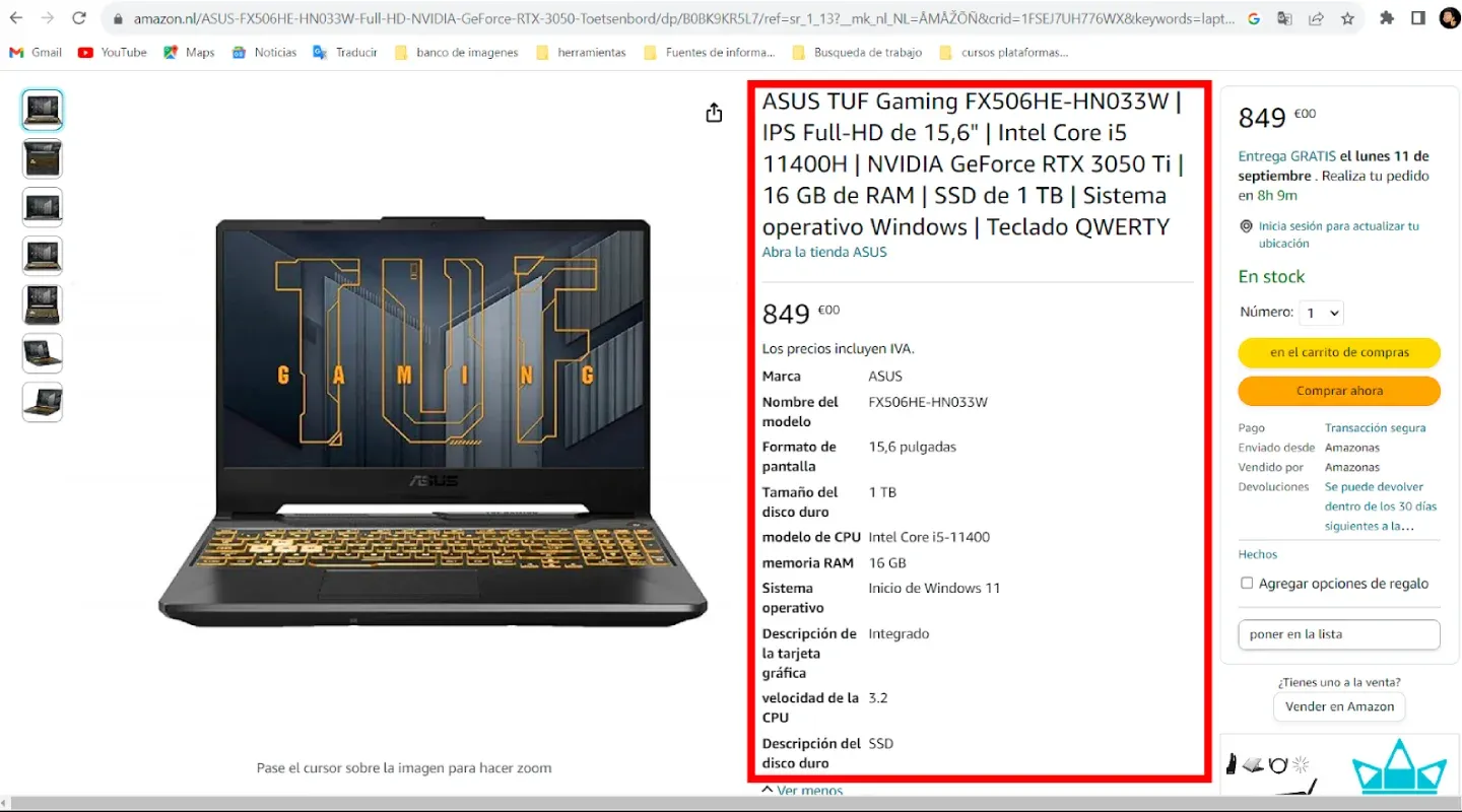 Modelo de laptop en Amazon.