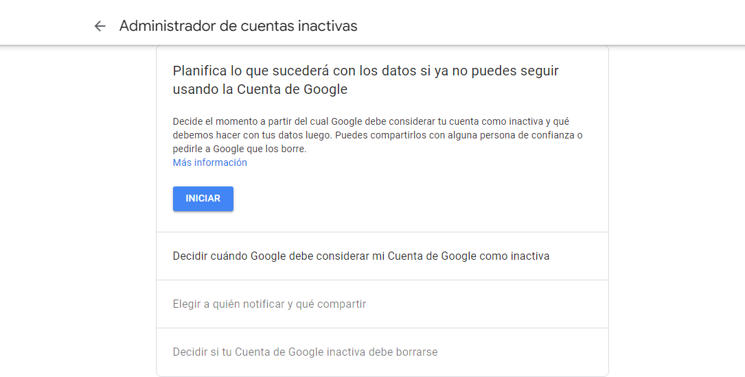 Captura de pantalla tomada del Administrador de cuentas inactivas de Google.