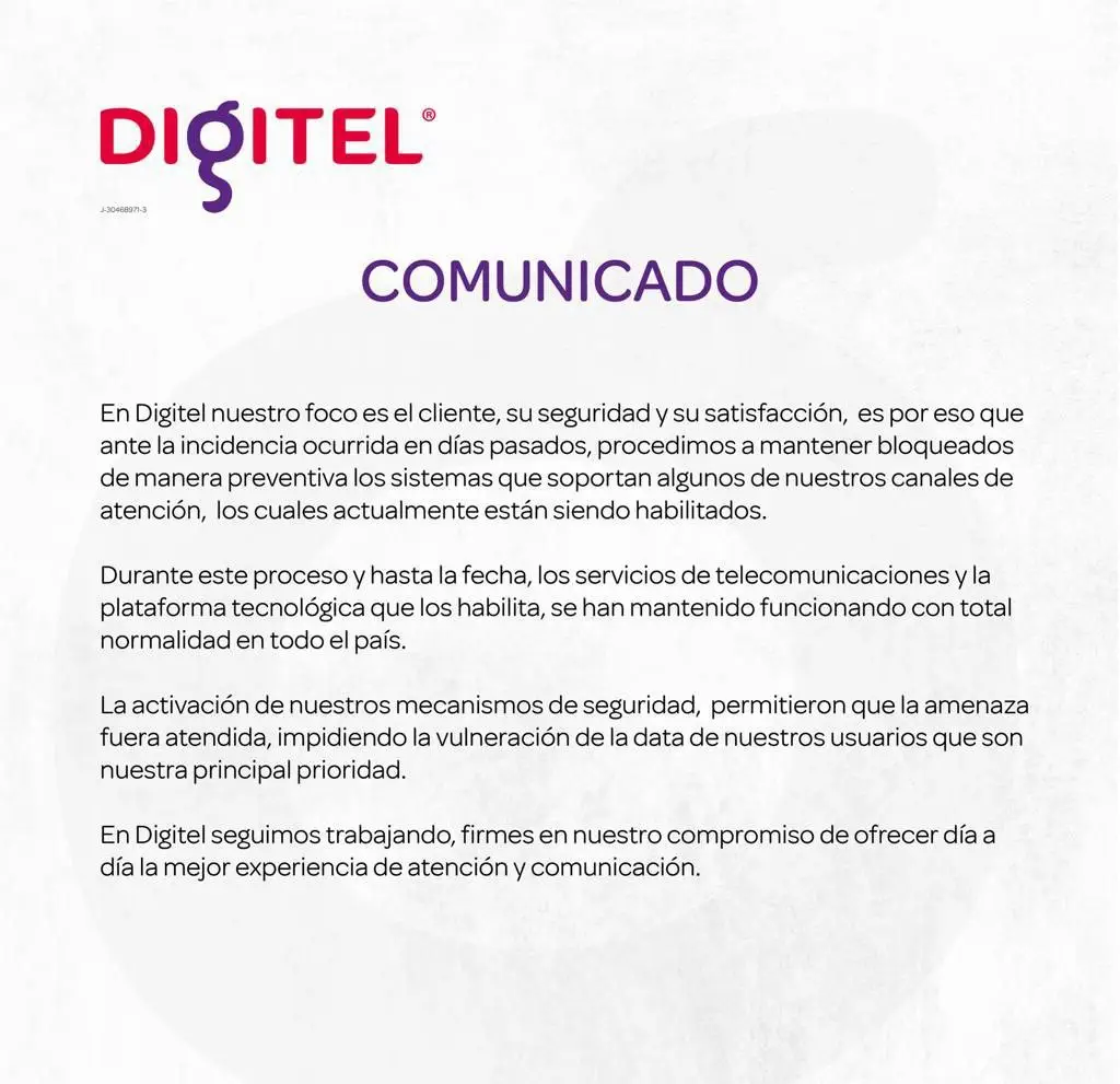 Comunicado oficial de Digitel.