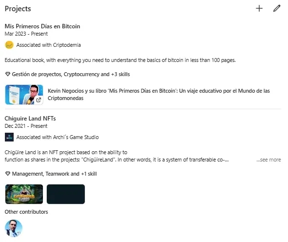 Proyectos personales incluidos en un perfil de Linkedin con información complementaria. Imagen de Kevin Hernández.