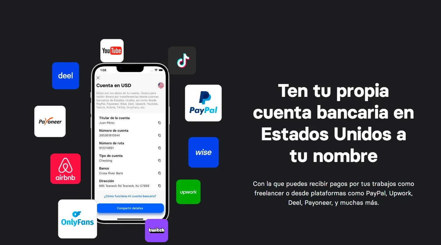 Servicios asociados a la cuenta bancaria en Estados Unidos. Captura de pantalla desde el sitio web de Meru.