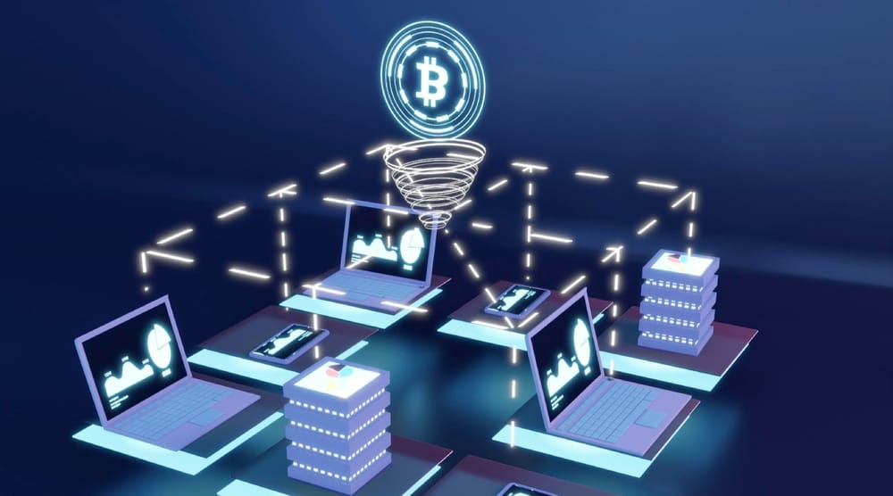 Equipos y archivos electrónicos conectados por Bitcoin.