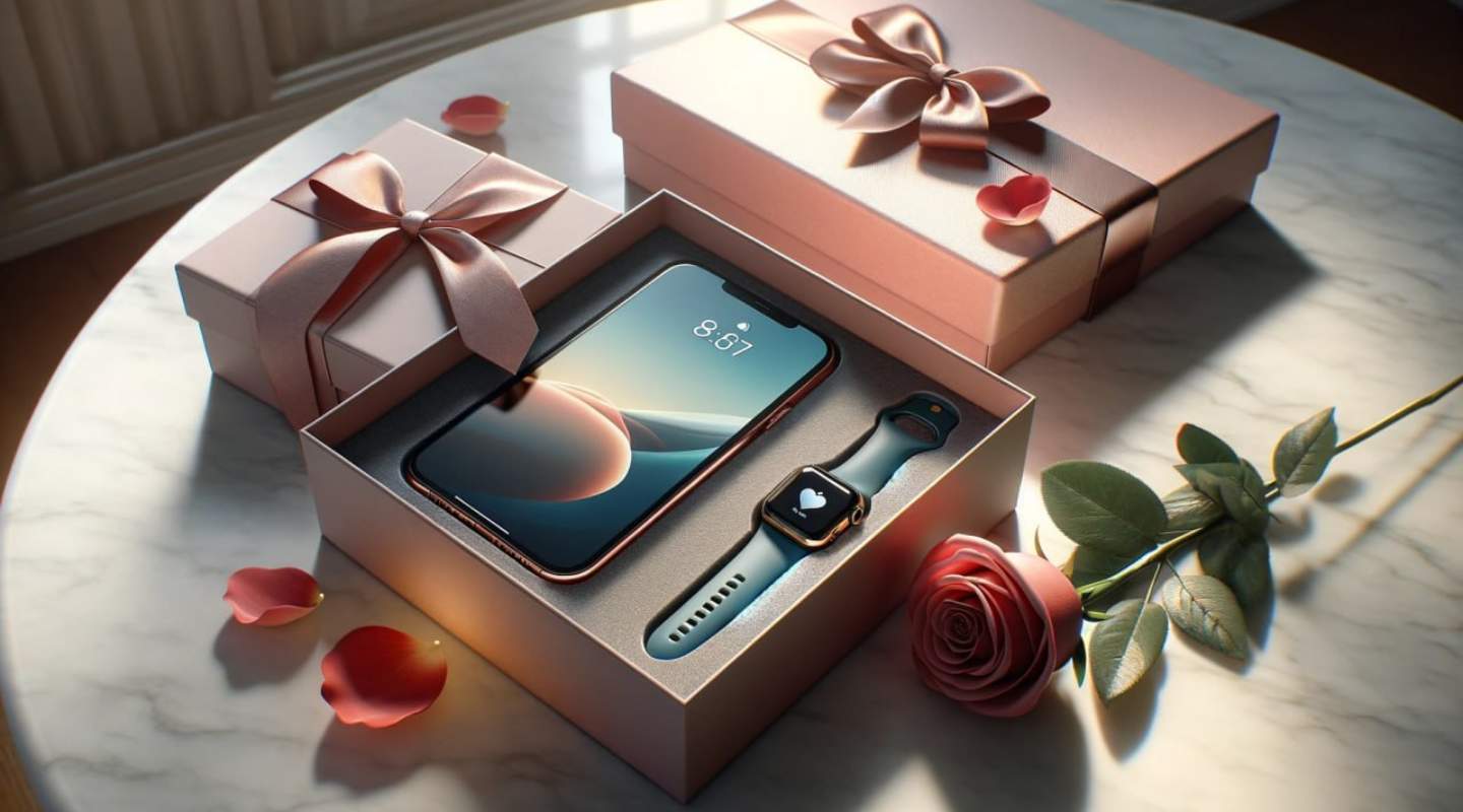 Teléfono inteligente dentro de una caja de regalo y una rosa al lado. Imagen generada por inteligencia artificial.