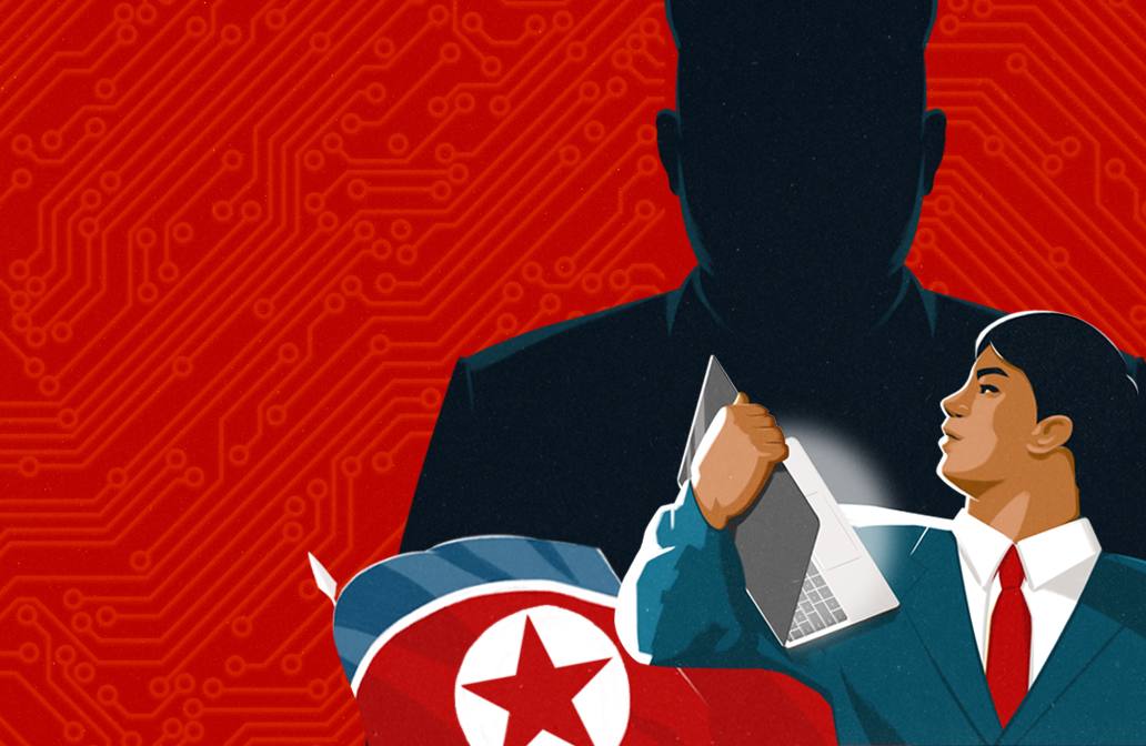 Persona con computador, al fondo la bandera de Corea del Norte y la sobra de su presidente.